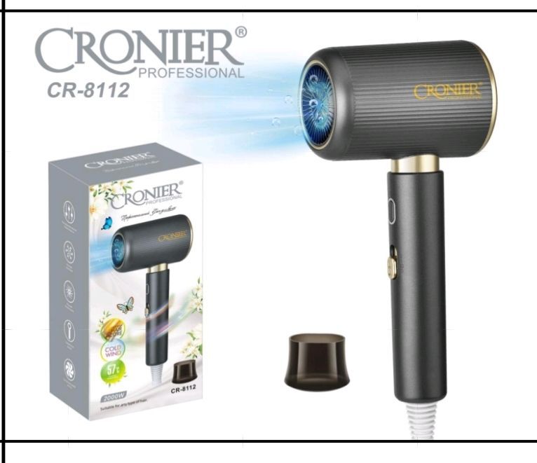 سشوار حرفه‌ای Cronier CR-8112: قدرت 2000 وات، باد سرد و گرم، یون منفی، مناسب انواع مو